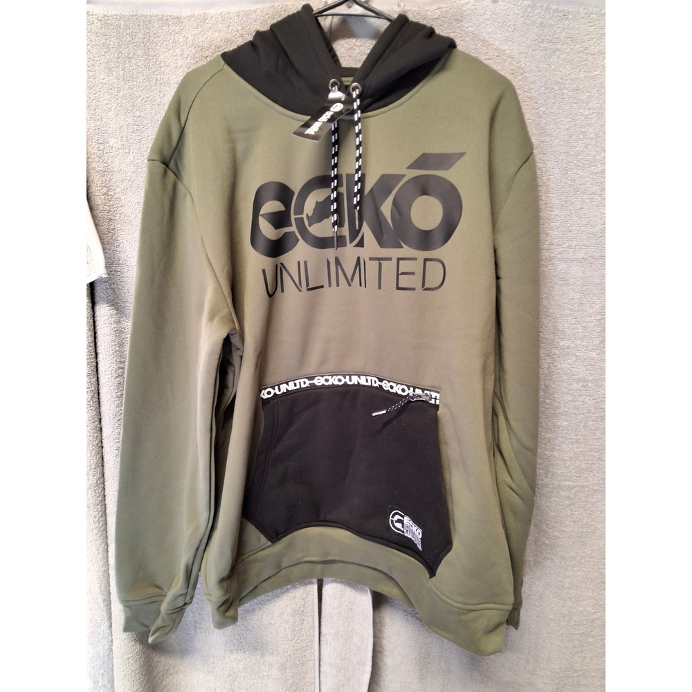 Ecko Unltd Mens Hoodie Olive Green Black Logo Pullover Sweatshirt Large NWT - Picture 2 of 3